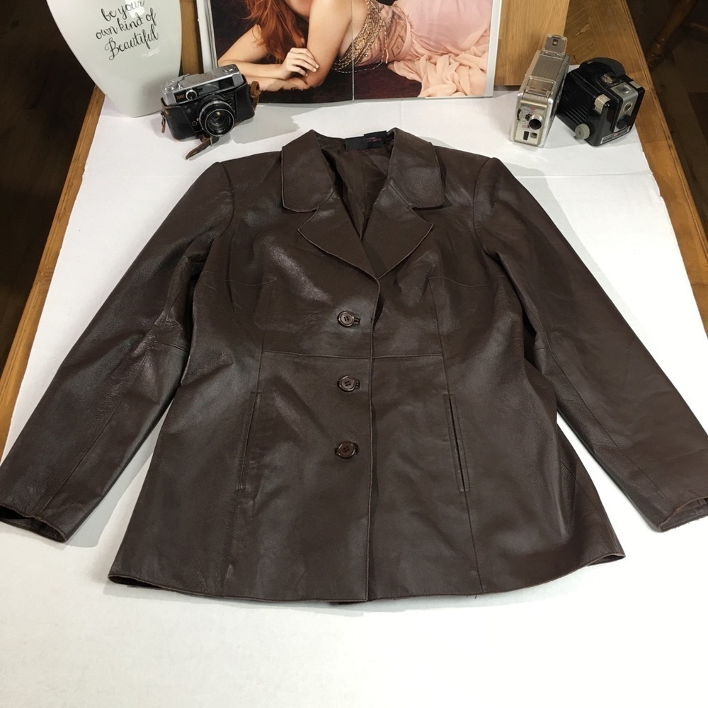 Vintage Y2K Shape FX Newport News Brown Leather Blazer Jacket Size 14
